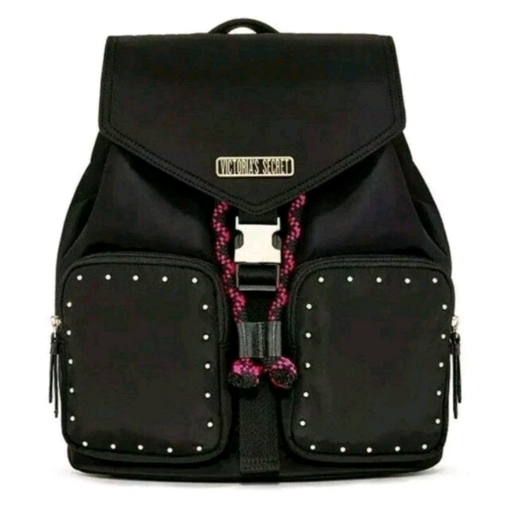 Victoria's Secret Getaway Cargo Black Backpack Pink Accents NWT - Picture 2 of 6
